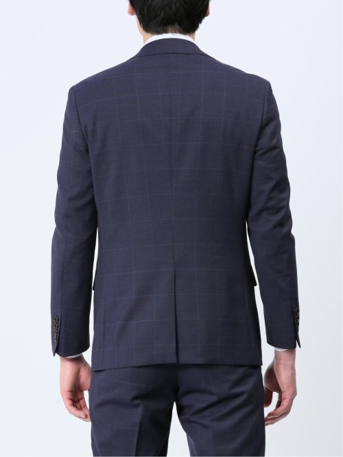 光沢ウール混 スリムフィット 2ボタン3ピーススーツ チェック紺
