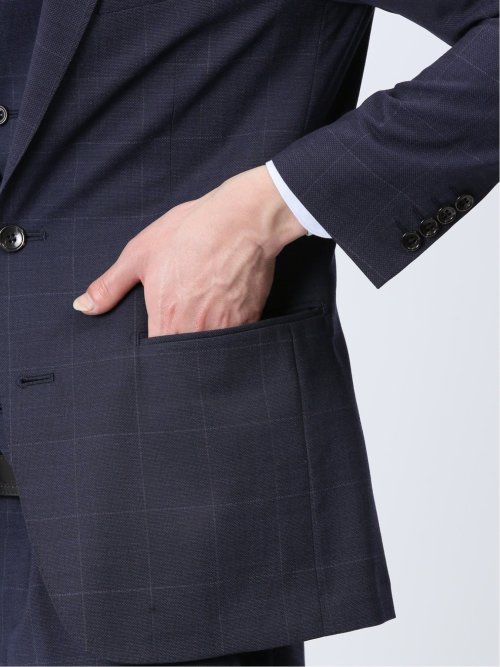 光沢ウール混 スリムフィット 2ボタン3ピーススーツ チェック紺