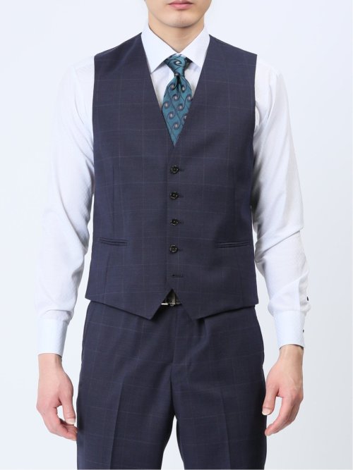 光沢ウール混 スリムフィット 2ボタン3ピーススーツ チェック紺