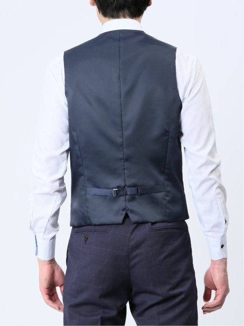 光沢ウール混 スリムフィット 2ボタン3ピーススーツ チェック紺