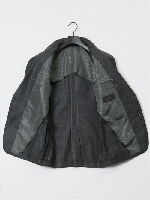 光沢ウール混 スリムフィット 2ボタン3ピーススーツ チェックグレー