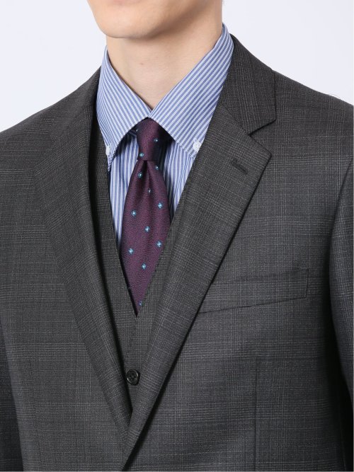 光沢ウール混 スリムフィット 2ボタン3ピーススーツ チェックグレー