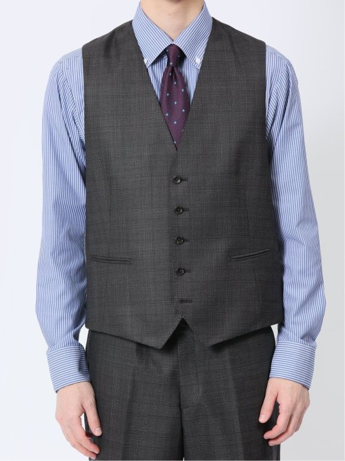 光沢ウール混 スリムフィット 2ボタン3ピーススーツ チェックグレー