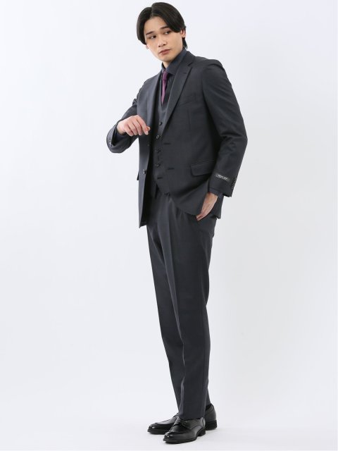 光沢ウール混 スリムフィット 2ボタン3ピーススーツ 組織紺