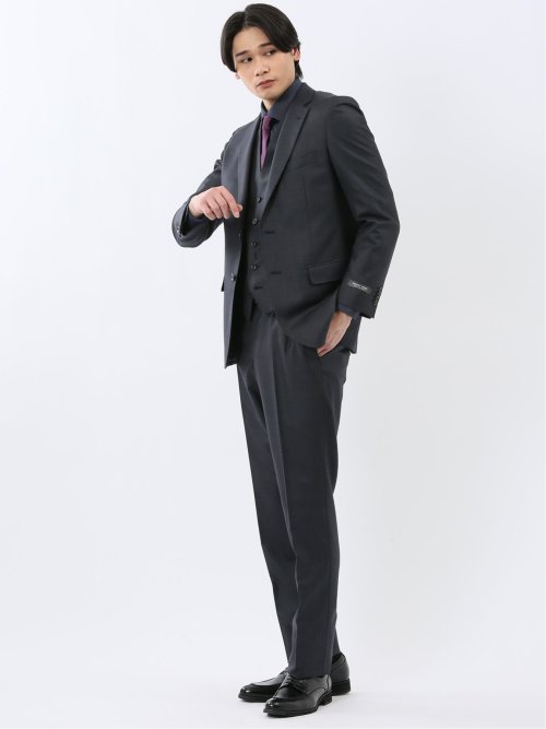 光沢ウール混 スリムフィット 2ボタン3ピーススーツ 組織紺