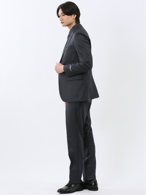 光沢ウール混 スリムフィット 2ボタン3ピーススーツ 組織紺