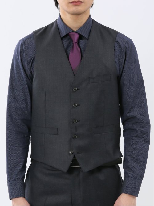 光沢ウール混 スリムフィット 2ボタン3ピーススーツ 組織紺