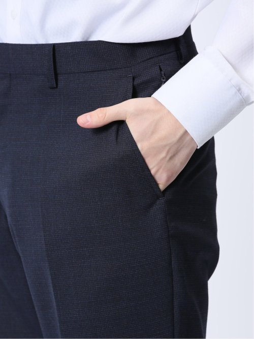 ウール混 スリムフィット 2ボタン2ピーススーツ 千鳥紺