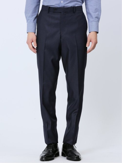 光沢ウール混 スリムフィット 2ボタン3ピーススーツ 千鳥紺