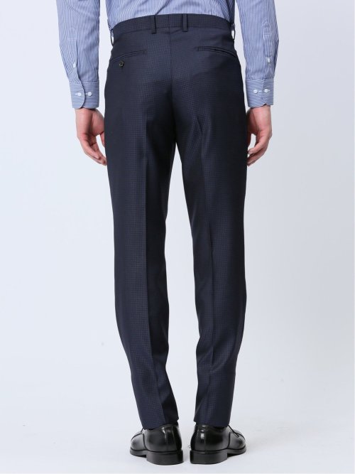 光沢ウール混 スリムフィット 2ボタン3ピーススーツ 千鳥紺