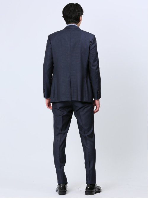 光沢ウール混 スリムフィット 2ボタン3ピーススーツ 千鳥紺