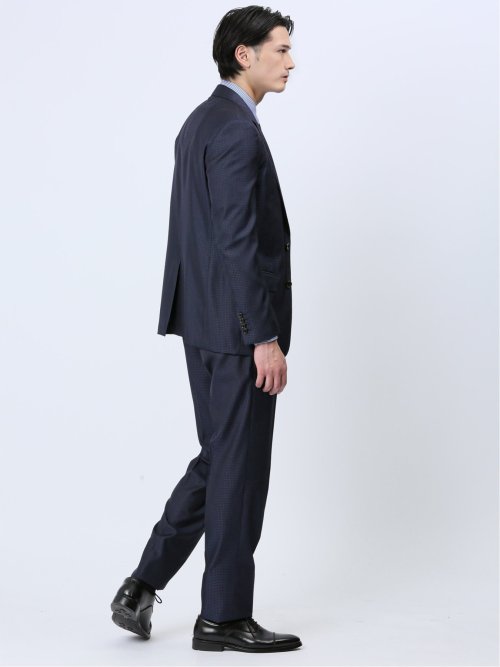 光沢ウール混 スリムフィット 2ボタン3ピーススーツ 千鳥紺