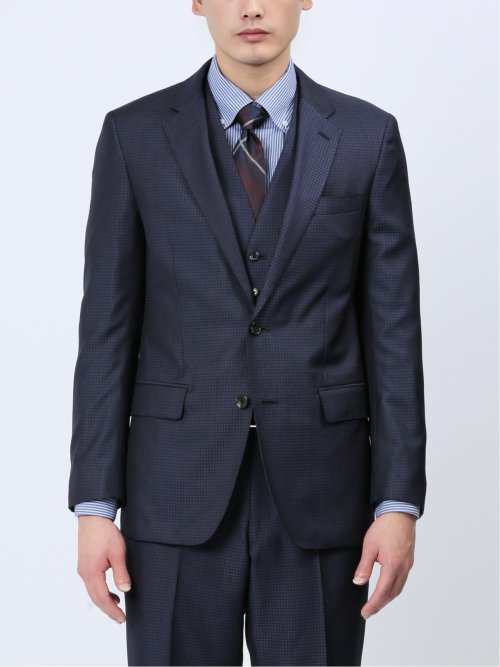 光沢ウール混 スリムフィット 2ボタン3ピーススーツ 千鳥紺