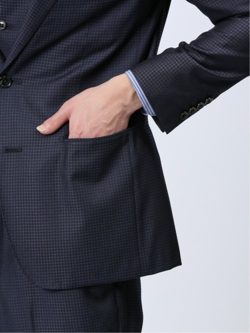 光沢ウール混 スリムフィット 2ボタン3ピーススーツ 千鳥紺