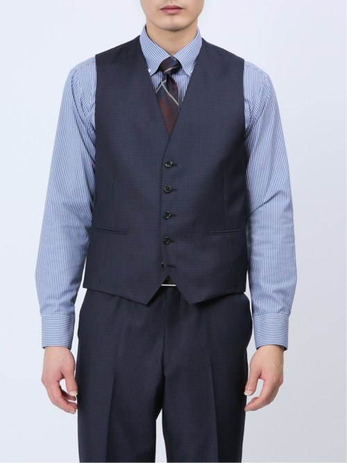 光沢ウール混 スリムフィット 2ボタン3ピーススーツ 千鳥紺
