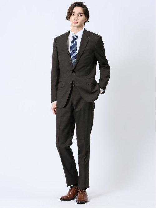 ウール混 スリムフィット 2ボタン2ピーススーツ 千鳥こげ茶