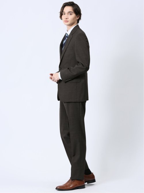 ウール混 スリムフィット 2ボタン2ピーススーツ 千鳥こげ茶