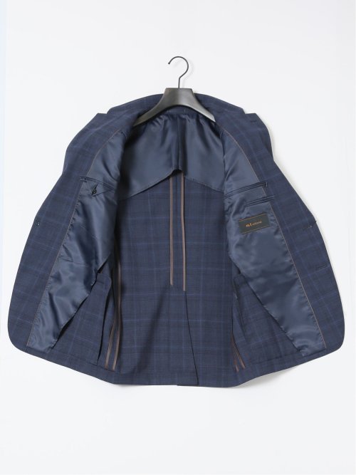 ウール混 スリムフィット 2ボタン2ピーススーツ チェック紺