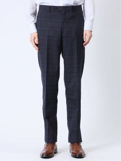 ウール混 スリムフィット 2ボタン2ピーススーツ チェック紺