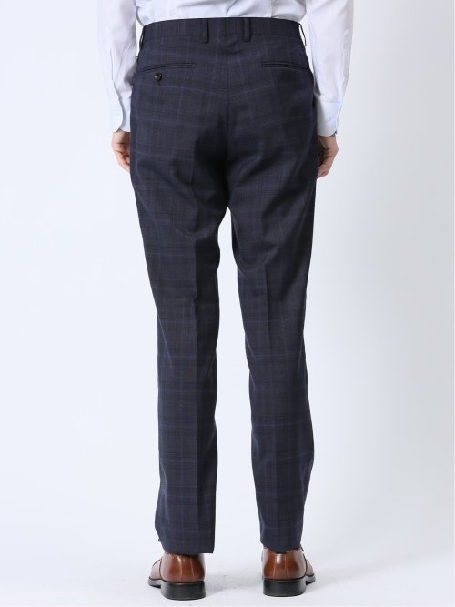 ウール混 スリムフィット 2ボタン2ピーススーツ チェック紺