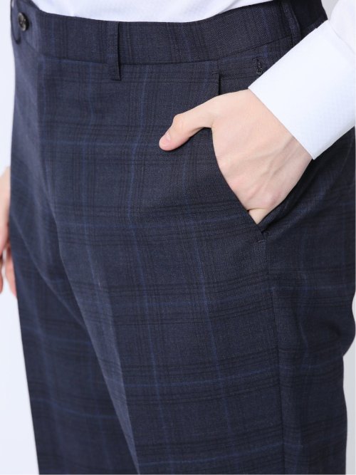 ウール混 スリムフィット 2ボタン2ピーススーツ チェック紺