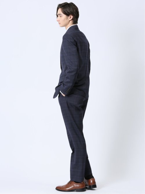 ウール混 スリムフィット 2ボタン2ピーススーツ チェック紺