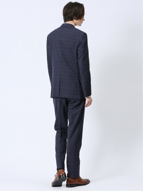 ウール混 スリムフィット 2ボタン2ピーススーツ チェック紺