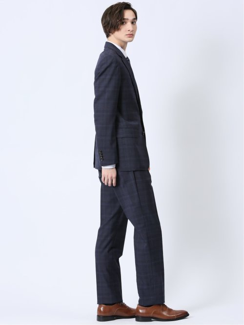 ウール混 スリムフィット 2ボタン2ピーススーツ チェック紺
