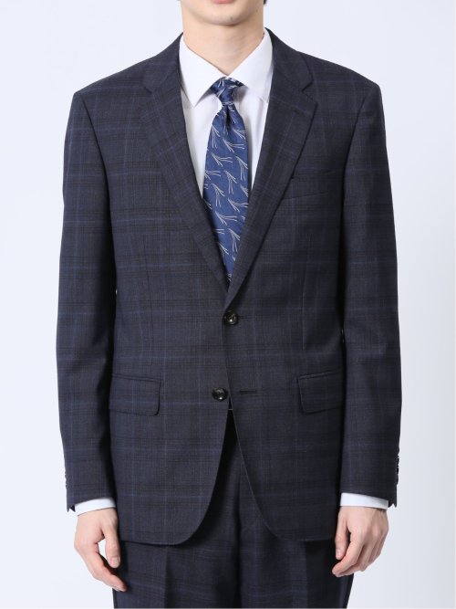 ウール混 スリムフィット 2ボタン2ピーススーツ チェック紺