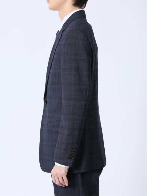 ウール混 スリムフィット 2ボタン2ピーススーツ チェック紺