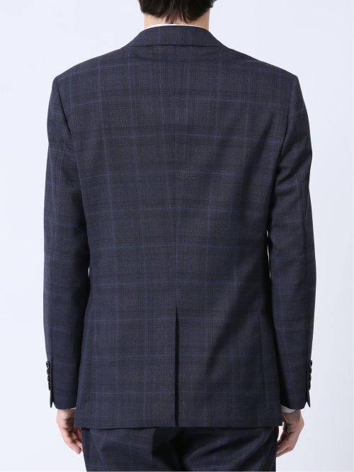 ウール混 スリムフィット 2ボタン2ピーススーツ チェック紺