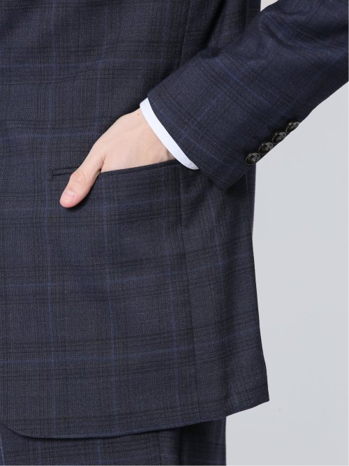 ウール混 スリムフィット 2ボタン2ピーススーツ チェック紺