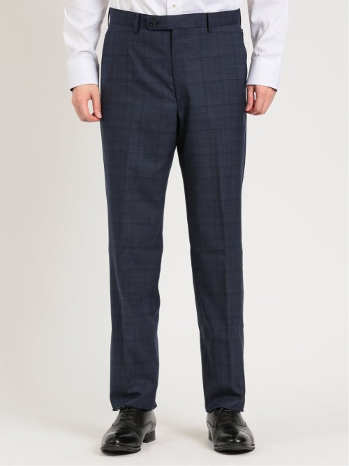 シルク混ウール レギュラーフィット 2ボタン3ピーススーツ チェック紺