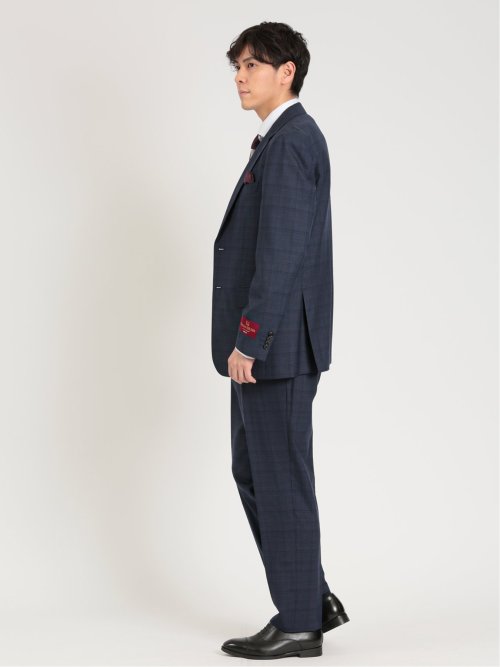 シルク混ウール レギュラーフィット 2ボタン3ピーススーツ チェック紺