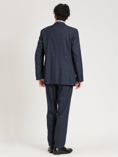 シルク混ウール レギュラーフィット 2ボタン3ピーススーツ チェック紺
