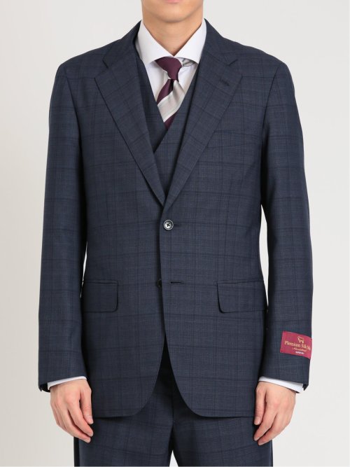 シルク混ウール レギュラーフィット 2ボタン3ピーススーツ チェック紺