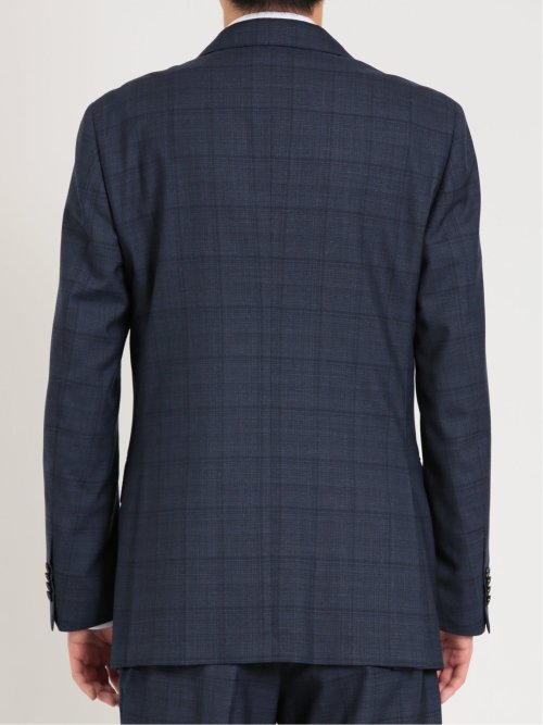 シルク混ウール レギュラーフィット 2ボタン3ピーススーツ チェック紺