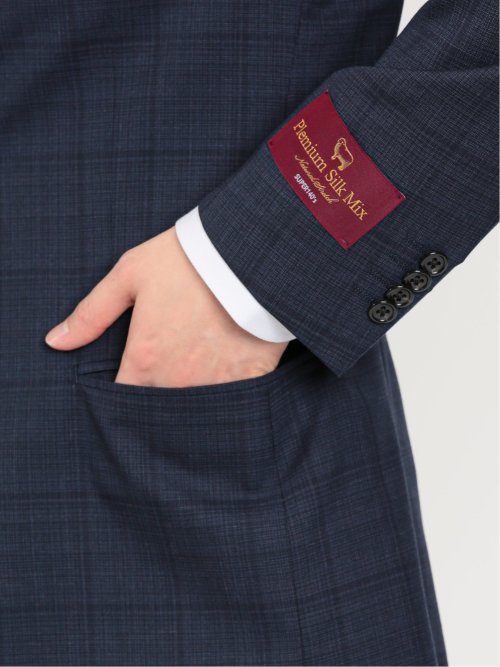シルク混ウール レギュラーフィット 2ボタン3ピーススーツ チェック紺