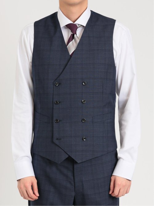 シルク混ウール レギュラーフィット 2ボタン3ピーススーツ チェック紺