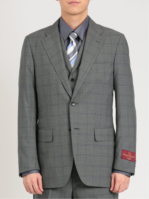 シルク混ウール レギュラーフィット 2ボタン3ピーススーツ チェックグレー