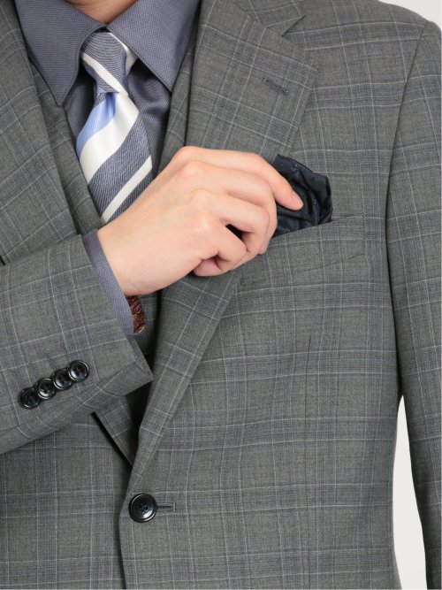 シルク混ウール レギュラーフィット 2ボタン3ピーススーツ チェックグレー