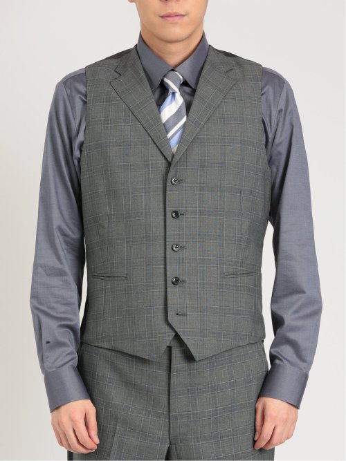 シルク混ウール レギュラーフィット 2ボタン3ピーススーツ チェックグレー