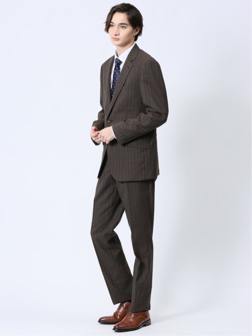 ウール混 レギュラーフィット 2ボタン2ピーススーツ ストライプ茶