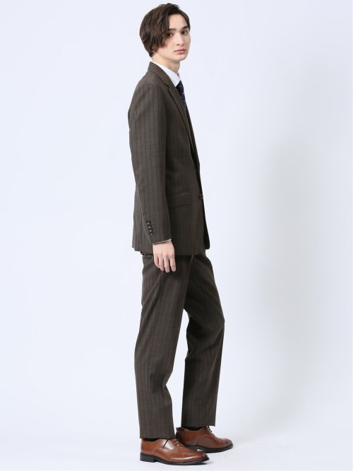 ウール混 レギュラーフィット 2ボタン2ピーススーツ ストライプ茶