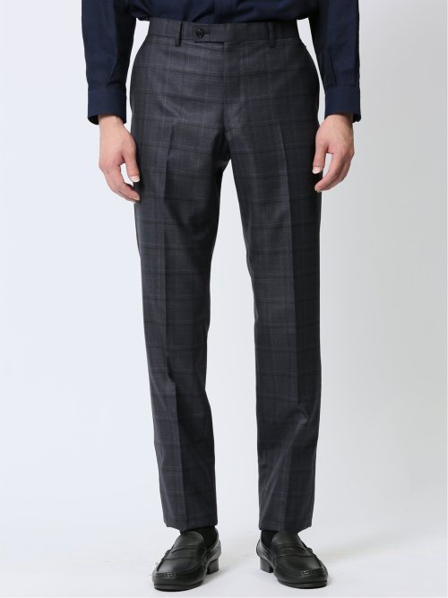 光沢ウール混 スリムフィット 2ボタン3ピーススーツ チェック青