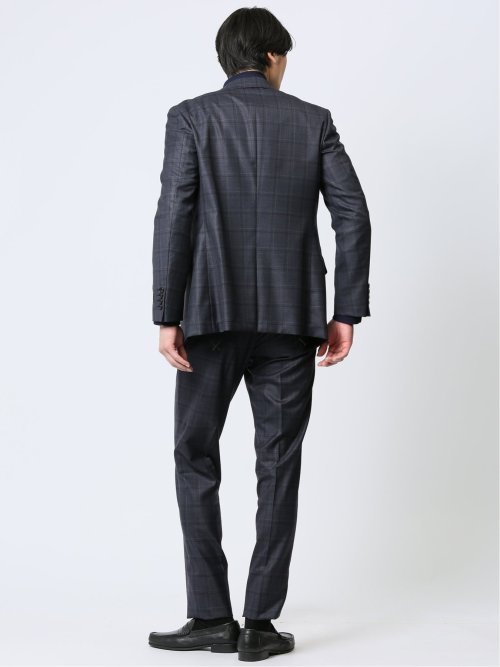 光沢ウール混 スリムフィット 2ボタン3ピーススーツ チェック青