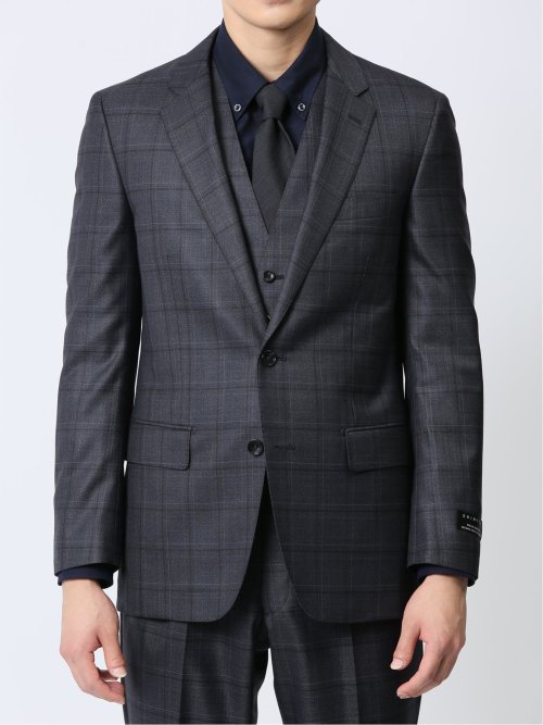 光沢ウール混 スリムフィット 2ボタン3ピーススーツ チェック青