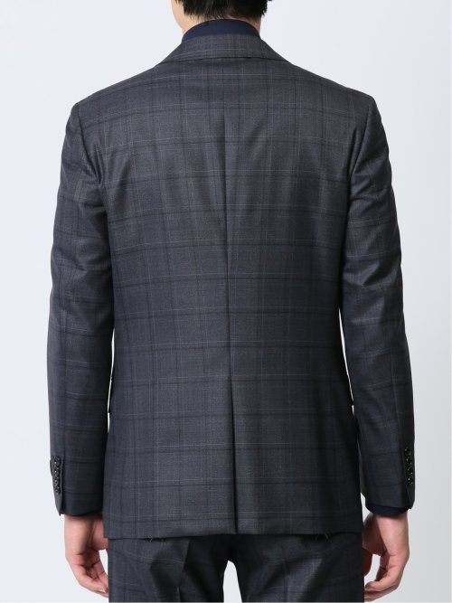 光沢ウール混 スリムフィット 2ボタン3ピーススーツ チェック青