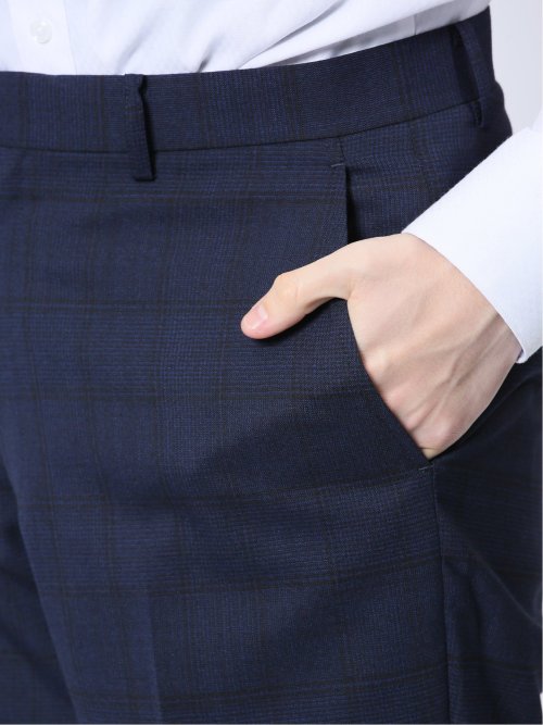 ウール混 レギュラーフィット 2ボタン2ピーススーツ チェック紺