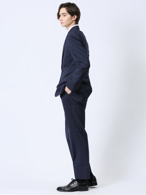 ウール混 レギュラーフィット 2ボタン2ピーススーツ チェック紺